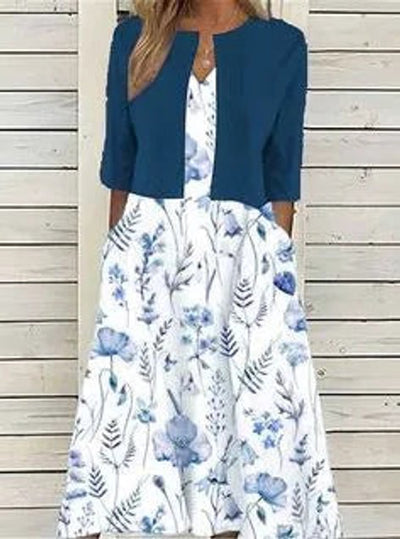 Emilia | Damen Blumen Midi Kleid mit Rundhals Halbarm und Seitentaschen