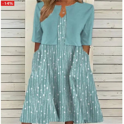 Emilia | Damen Blumen Midi Kleid mit Rundhals Halbarm und Seitentaschen