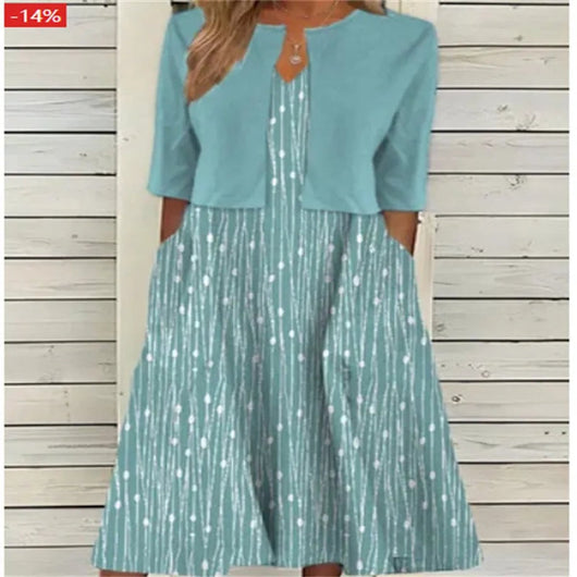 Emilia | Damen Blumen Midi Kleid mit Rundhals Halbarm und Seitentaschen