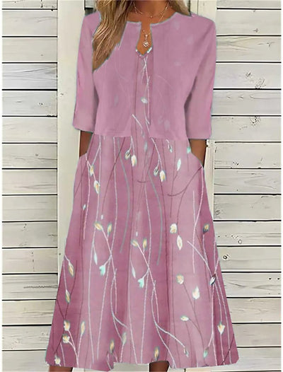 Emilia | Damen Blumen Midi Kleid mit Rundhals Halbarm und Seitentaschen