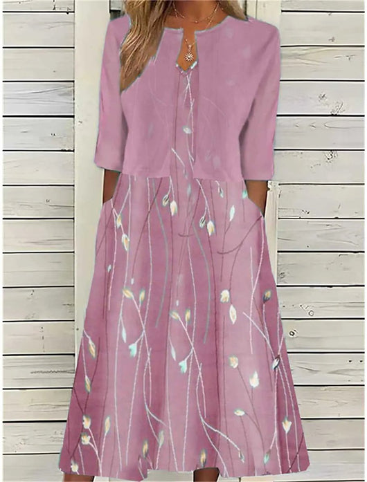Emilia | Damen Blumen Midi Kleid mit Rundhals Halbarm und Seitentaschen