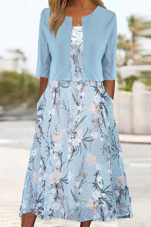 Emilia | Damen Blumen Midi Kleid mit Rundhals Halbarm und Seitentaschen