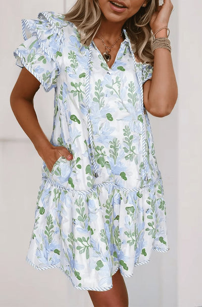 Hannah | Damen Blumen-Mini-Sommerkleid mit Puffärmeln und V-Ausschnitt