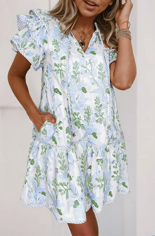 Hannah | Damen Blumen-Mini-Sommerkleid mit Puffärmeln und V-Ausschnitt