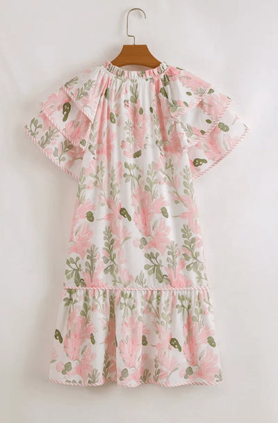 Hannah | Damen Blumen-Mini-Sommerkleid mit Puffärmeln und V-Ausschnitt