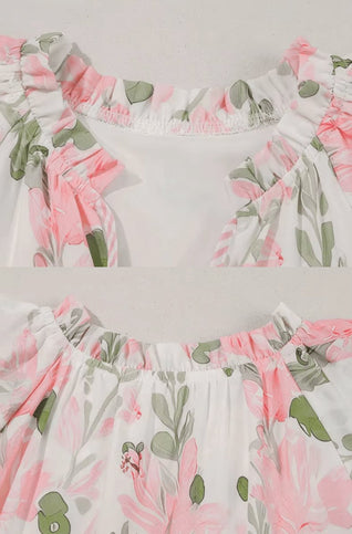 Hannah | Damen Blumen-Mini-Sommerkleid mit Puffärmeln und V-Ausschnitt