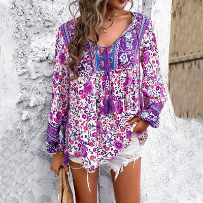 Elfriede | Damen Blumen-Tunika V-Ausschnitt Quasten-Kordel Boho-Oberteil