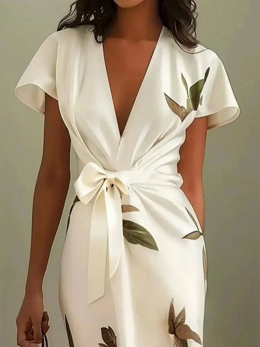 Amelie | Damen Blumen Wickel Midi Kleid V-Ausschnitt