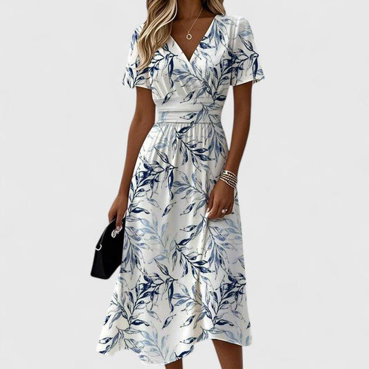 Mia | Damen Blumen Wickel-Midi-Kleid V-Ausschnitt Kurze Ärmel