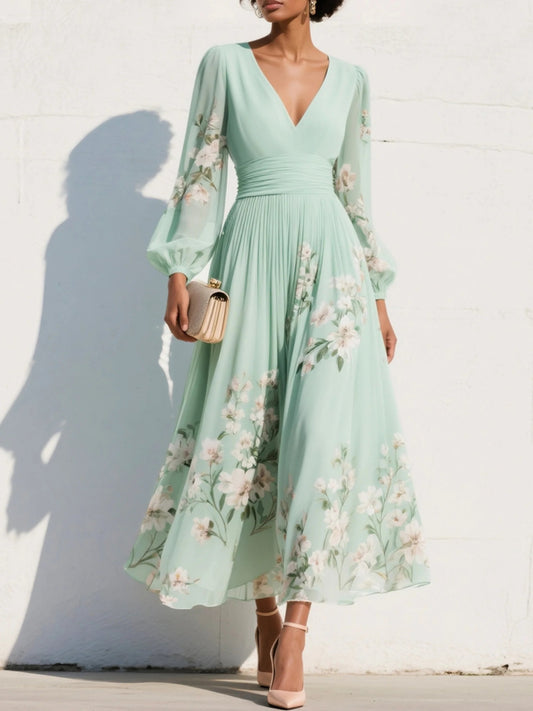 Elisabeth | Damen Blumenmuster V-Ausschnitt Ballonärmel Midi Chiffonkleid