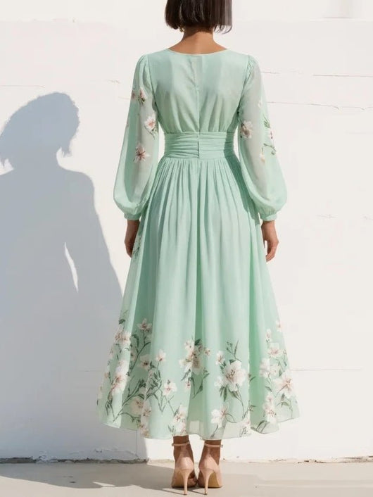 Elisabeth | Damen Blumenmuster V-Ausschnitt Ballonärmel Midi Chiffonkleid