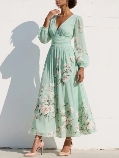 Elisabeth | Damen Blumenmuster V-Ausschnitt Ballonärmel Midi Chiffonkleid