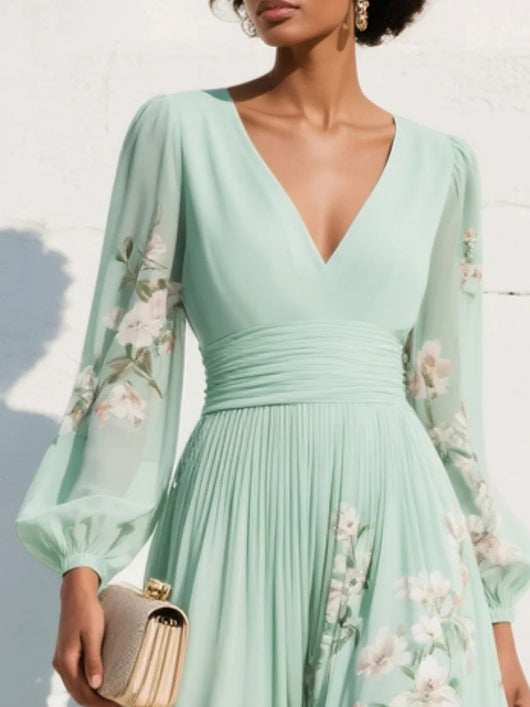 Elisabeth | Damen Blumenmuster V-Ausschnitt Ballonärmel Midi Chiffonkleid