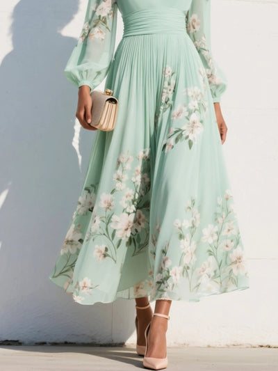Elisabeth | Damen Blumenmuster V-Ausschnitt Ballonärmel Midi Chiffonkleid