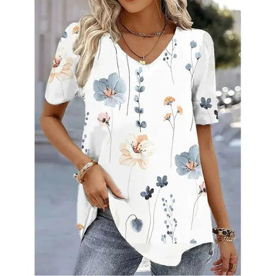 Emilia | Damen Blumenmuster V-Ausschnitt Kurzarm Top