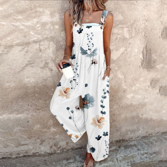 Nora | Damen Blumenprint Latzhose Weites Bein Ärmelloser Overall
