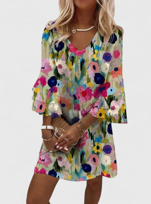 Katharina | Damen Blumenprint V-Ausschnitt Rüschenärmel Minikleid
