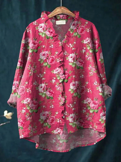 Elisabeth | Damen Bluse Lockere Leinen-Baumwoll Rüschen Bluse Blumenmuster