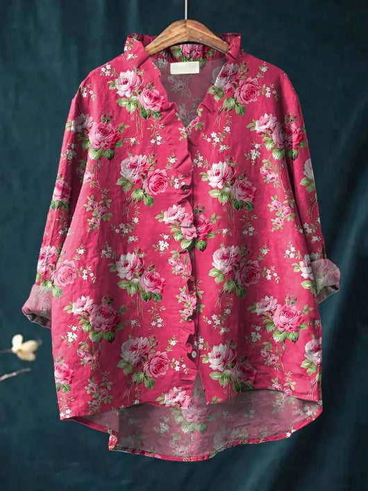 Elisabeth | Damen Bluse Lockere Leinen-Baumwoll Rüschen Bluse Blumenmuster