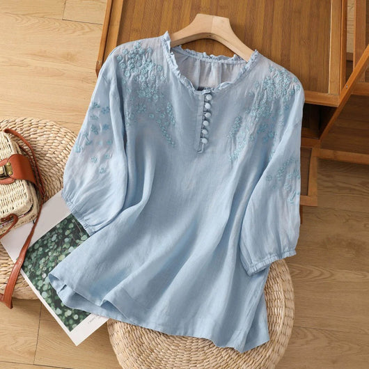 Elisabeth | Damen Bohemian Bluse mit Blumenstickerei Rüschenkragen Puffärmeln