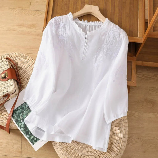 Elisabeth | Damen Bohemian Bluse mit Blumenstickerei Rüschenkragen Puffärmeln
