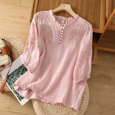 Elisabeth | Damen Bohemian Bluse mit Blumenstickerei Rüschenkragen Puffärmeln
