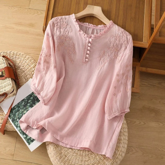 Elisabeth | Damen Bohemian Bluse mit Blumenstickerei Rüschenkragen Puffärmeln