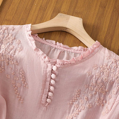 Elisabeth | Damen Bohemian Bluse mit Blumenstickerei Rüschenkragen Puffärmeln