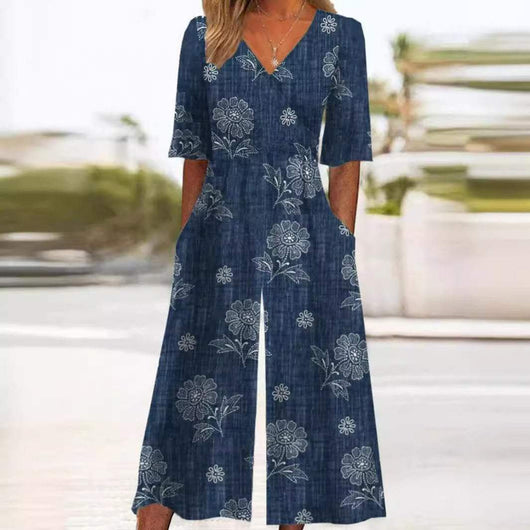 Annika | Damen Boho Blumenmuster V-Ausschnitt Halbarm Jumpsuit