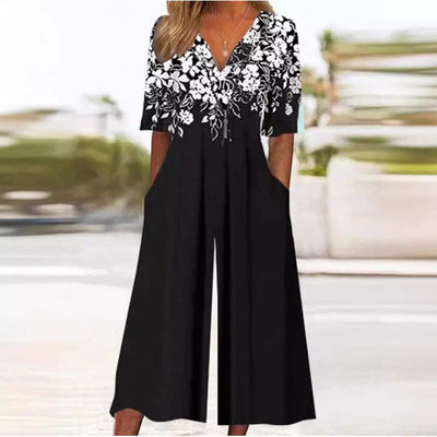 Annika | Damen Boho Blumenmuster V-Ausschnitt Halbarm Jumpsuit