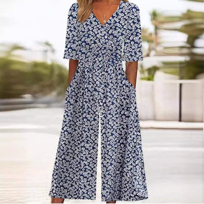 Annika | Damen Boho Blumenmuster V-Ausschnitt Halbarm Jumpsuit