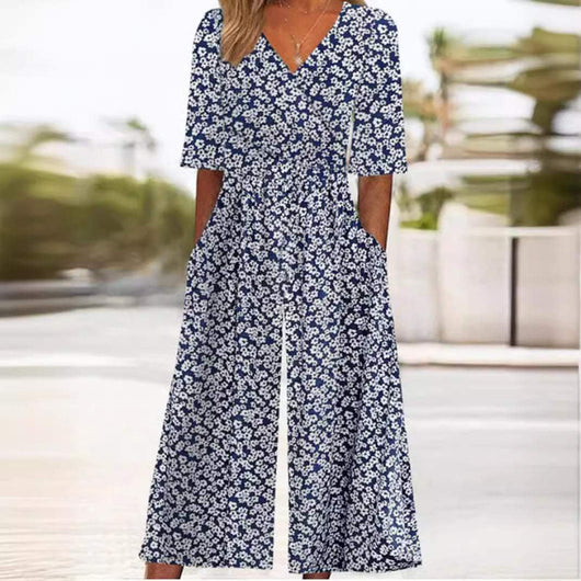 Annika | Damen Boho Blumenmuster V-Ausschnitt Halbarm Jumpsuit