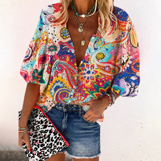Elisabeth | Damen Boho Bluse V-Ausschnitt Langarm Knopfleiste