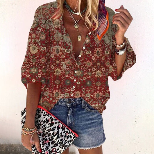 Elisabeth | Damen Boho Bluse V-Ausschnitt Langarm Knopfleiste