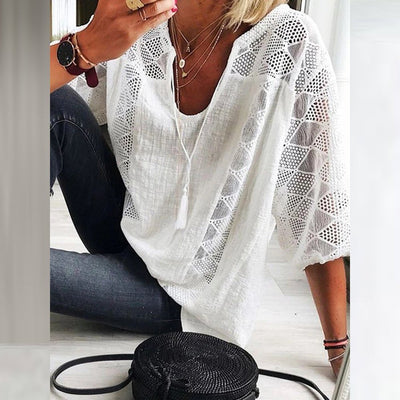 Marie | Damen Boho Häkeldetail Loose-Fit Dreiviertelarm Bluse