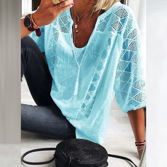 Marie | Damen Boho Häkeldetail Loose-Fit Dreiviertelarm Bluse