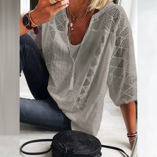 Marie | Damen Boho Häkeldetail Loose-Fit Dreiviertelarm Bluse