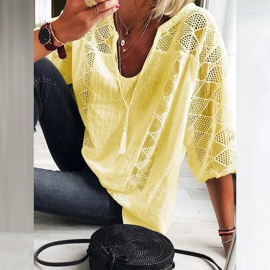 Marie | Damen Boho Häkeldetail Loose-Fit Dreiviertelarm Bluse