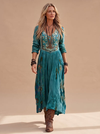 Frieda | Damen Boho-Kleid Langarm V-Ausschnitt Vintage Midi-Kleid