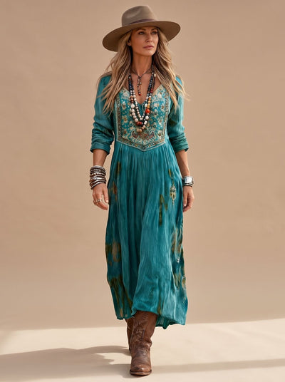 Frieda | Damen Boho-Kleid Langarm V-Ausschnitt Vintage Midi-Kleid