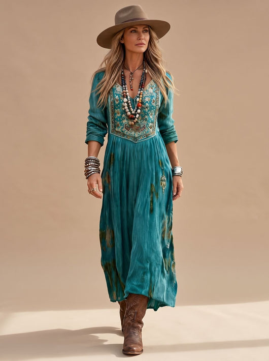 Frieda | Damen Boho-Kleid Langarm V-Ausschnitt Vintage Midi-Kleid