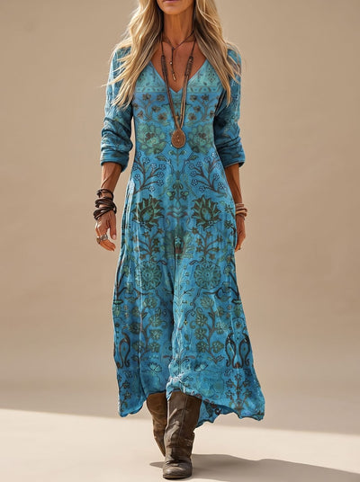 Annika | Damen Boho Kleid Langarm Vintage Blumenprint V-Ausschnitt Maxi