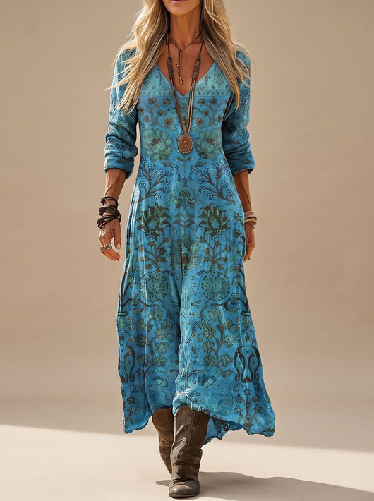 Annika | Damen Boho Kleid Langarm Vintage Blumenprint V-Ausschnitt Maxi
