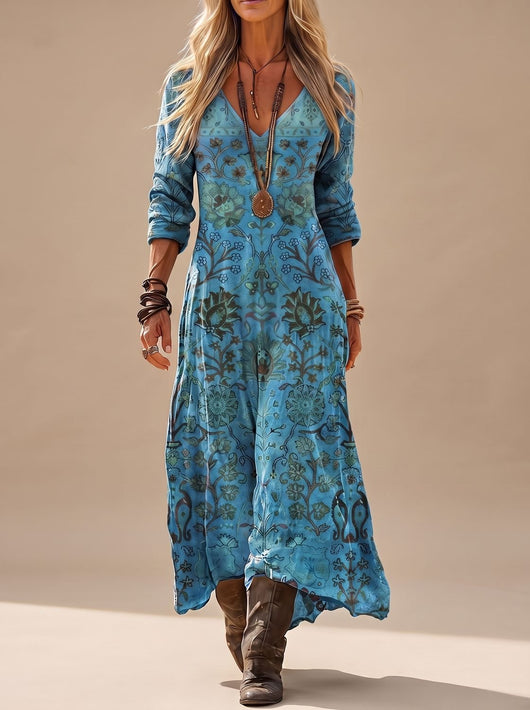 Annika | Damen Boho Kleid Langarm Vintage Blumenprint V-Ausschnitt Maxi
