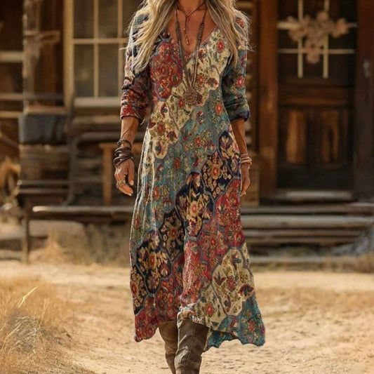Frieda | Damen Boho-Kleid Vintage Blumendruck Langarm Maxi-Kleid