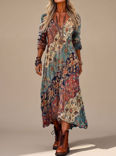 Frieda | Damen Boho-Kleid Vintage Blumendruck Langarm Maxi-Kleid