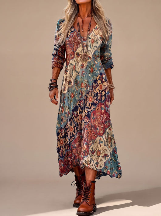 Frieda | Damen Boho-Kleid Vintage Blumendruck Langarm Maxi-Kleid