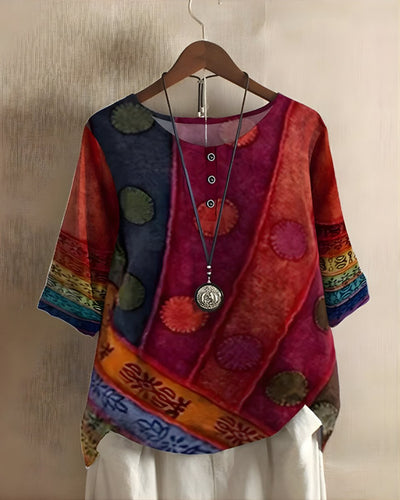 Sophie | Damen Boho Kurzarm-Oberteil mit Buntem Ethno-Print