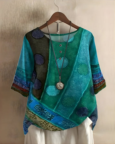 Sophie | Damen Boho Kurzarm-Oberteil mit Buntem Ethno-Print