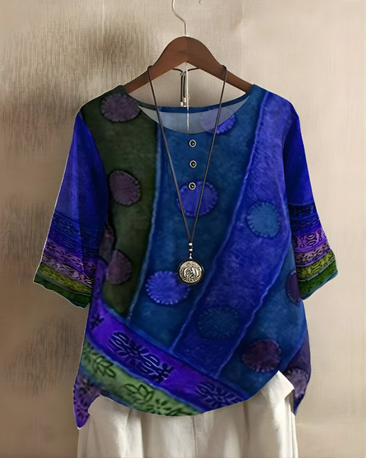 Sophie | Damen Boho Kurzarm-Oberteil mit Buntem Ethno-Print